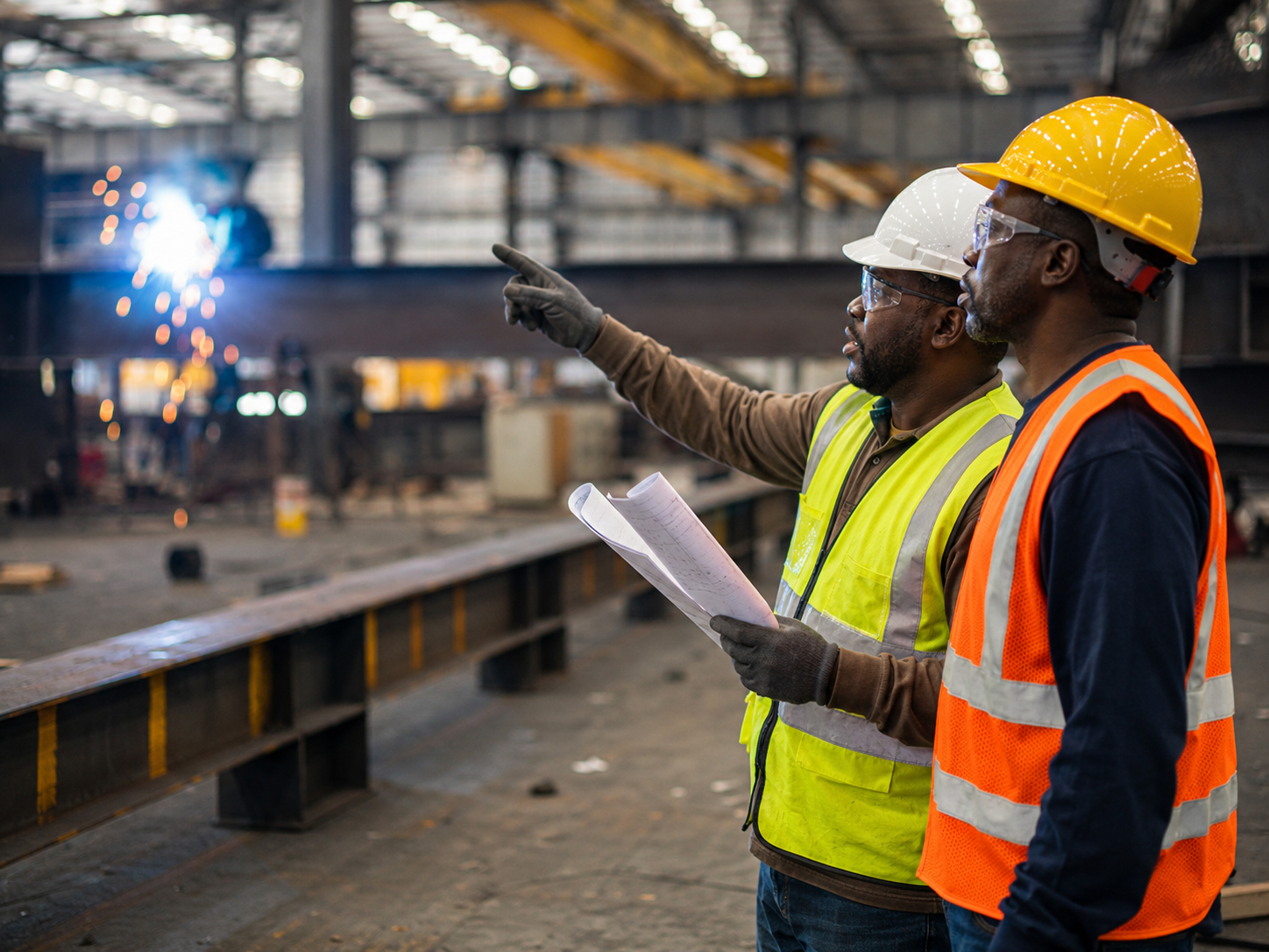 Two Network2Work participants in safety gear consult blueprints on a metal fabrication shop floor, welding sparks visible behind them.